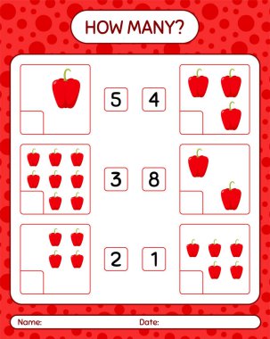 Dolmalık biberle kaç tane sayma oyunu. Anaokulu çocukları için çalışma listesi, aktivite listesi, yazdırılabilir çalışma tablosu