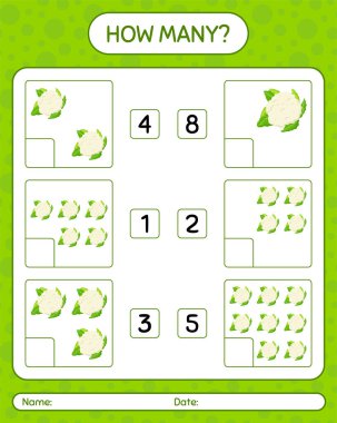 Karnabahar ile kaç tane sayma oyunu. Anaokulu çocukları için çalışma listesi, aktivite listesi, yazdırılabilir çalışma tablosu