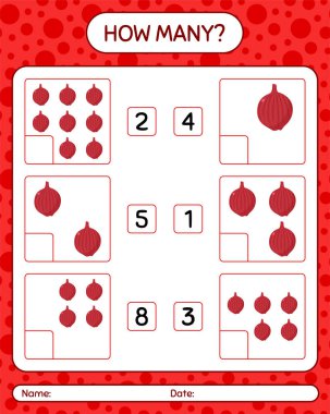 Kaç tane soğanlı sayma oyunu. Anaokulu çocukları için çalışma listesi, aktivite listesi, yazdırılabilir çalışma tablosu