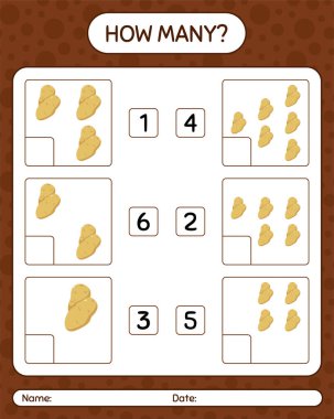 Patatesle kaç tane sayma oyunu. Anaokulu çocukları için çalışma listesi, aktivite listesi, yazdırılabilir çalışma tablosu