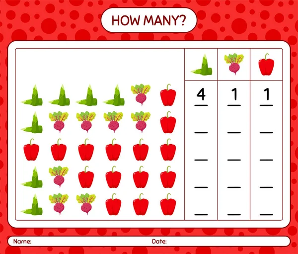 How Many Counting Game Vegetables Worksheet Preschool Kids Kids Activity — Stock Vector