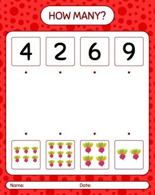 Kaç tane pancar köküyle sayma oyunu. Anaokulu çocukları için çalışma listesi, aktivite listesi, yazdırılabilir çalışma tablosu