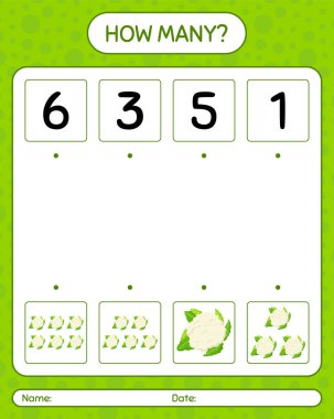 Karnabahar ile kaç tane sayma oyunu. Anaokulu çocukları için çalışma listesi, aktivite listesi, yazdırılabilir çalışma tablosu