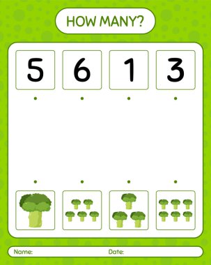 Brokoli ile kaç tane sayma oyunu. Anaokulu çocukları için çalışma listesi, aktivite listesi, yazdırılabilir çalışma tablosu