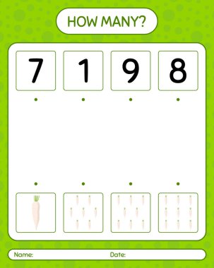 Daikon 'la kaç tane sayma oyunu var? Anaokulu çocukları için çalışma listesi, aktivite listesi, yazdırılabilir çalışma tablosu