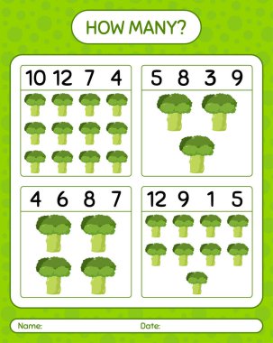 Brokoli ile kaç tane sayma oyunu. Anaokulu çocukları için çalışma listesi, aktivite listesi, yazdırılabilir çalışma tablosu