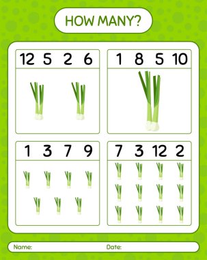 Kaç tane taze soğanlı sayma oyunu. Anaokulu çocukları için çalışma listesi, aktivite listesi, yazdırılabilir çalışma tablosu