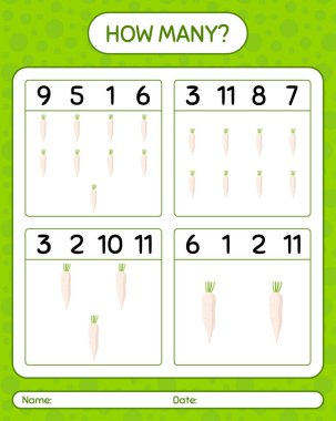 Daikon 'la kaç tane sayma oyunu var? Anaokulu çocukları için çalışma listesi, aktivite listesi, yazdırılabilir çalışma tablosu
