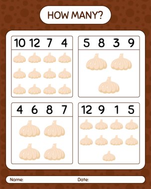 Sarımsaklı kaç tane sayma oyunu var? Anaokulu çocukları için çalışma listesi, aktivite listesi, yazdırılabilir çalışma tablosu