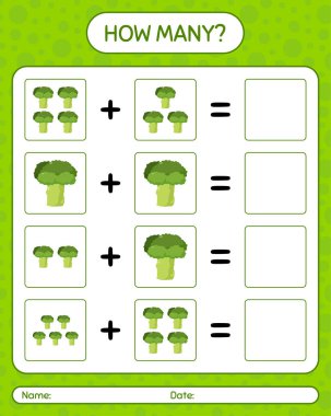 Brokoli ile kaç tane sayma oyunu. Anaokulu çocukları için çalışma listesi, aktivite listesi, yazdırılabilir çalışma tablosu