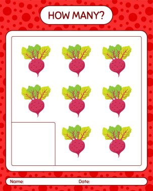 Kaç tane pancar köküyle sayma oyunu. Anaokulu çocukları için çalışma listesi, aktivite listesi, yazdırılabilir çalışma tablosu