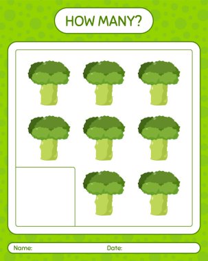 Brokoli ile kaç tane sayma oyunu. Anaokulu çocukları için çalışma listesi, aktivite listesi, yazdırılabilir çalışma tablosu