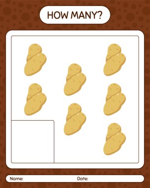 Patatesle kaç tane sayma oyunu. Anaokulu çocukları için çalışma listesi, aktivite listesi, yazdırılabilir çalışma tablosu