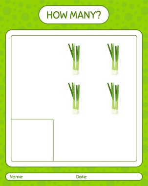 Kaç tane taze soğanlı sayma oyunu. Anaokulu çocukları için çalışma listesi, aktivite listesi, yazdırılabilir çalışma tablosu