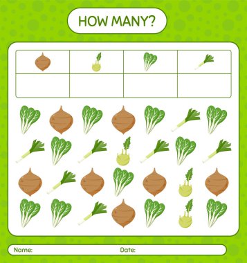 Sebzelerle kaç tane sayma oyunu var? Anaokulu çocukları için çalışma listesi, aktivite listesi, yazdırılabilir çalışma tablosu