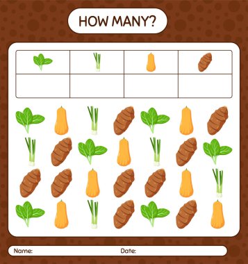 Sebzelerle kaç tane sayma oyunu var? Anaokulu çocukları için çalışma listesi, aktivite listesi, yazdırılabilir çalışma tablosu