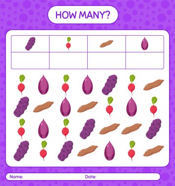 Sebzelerle kaç tane sayma oyunu var? Anaokulu çocukları için çalışma listesi, aktivite listesi, yazdırılabilir çalışma tablosu