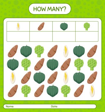 Sebzelerle kaç tane sayma oyunu var? Anaokulu çocukları için çalışma listesi, aktivite listesi, yazdırılabilir çalışma tablosu