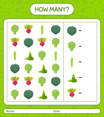Sebzelerle kaç tane sayma oyunu var? Anaokulu çocukları için çalışma listesi, aktivite listesi, yazdırılabilir çalışma tablosu