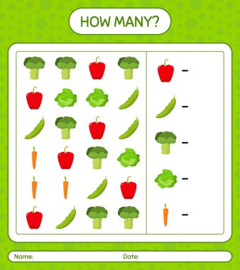 Sebzelerle kaç tane sayma oyunu var? Anaokulu çocukları için çalışma listesi, aktivite listesi, yazdırılabilir çalışma tablosu