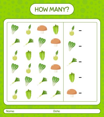 Sebzelerle kaç tane sayma oyunu var? Anaokulu çocukları için çalışma listesi, aktivite listesi, yazdırılabilir çalışma tablosu