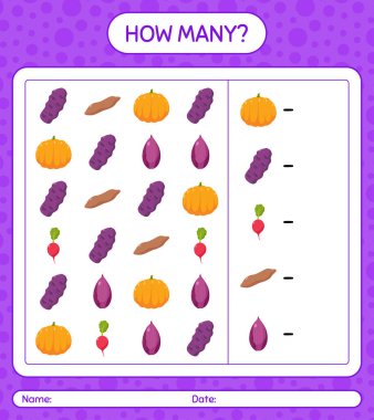 Sebzelerle kaç tane sayma oyunu var? Anaokulu çocukları için çalışma listesi, aktivite listesi, yazdırılabilir çalışma tablosu