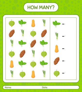 Sebzelerle kaç tane sayma oyunu var? Anaokulu çocukları için çalışma listesi, aktivite listesi, yazdırılabilir çalışma tablosu