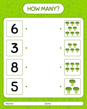 Brokoli ile kaç tane sayma oyunu. Anaokulu çocukları için çalışma listesi, aktivite listesi, yazdırılabilir çalışma tablosu