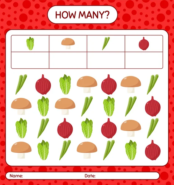 Sebzelerle kaç tane sayma oyunu var? Anaokulu çocukları için çalışma listesi, aktivite listesi, yazdırılabilir çalışma tablosu