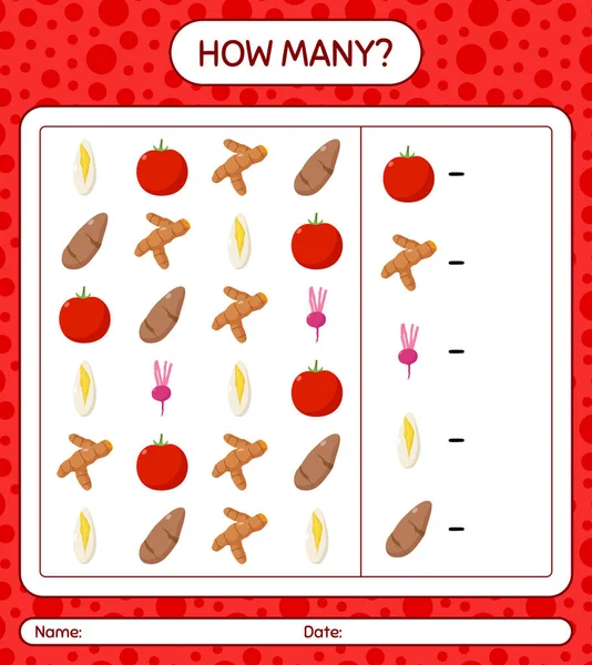 Sebzelerle kaç tane sayma oyunu var? Anaokulu çocukları için çalışma listesi, aktivite listesi, yazdırılabilir çalışma tablosu