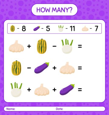 Sebzelerle kaç tane sayma oyunu var? Anaokulu çocukları için çalışma listesi, aktivite listesi, yazdırılabilir çalışma tablosu