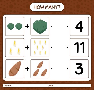 Sebzelerle kaç tane sayma oyunu var? Anaokulu çocukları için çalışma listesi, aktivite listesi, yazdırılabilir çalışma tablosu