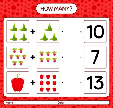 Sebzelerle kaç tane sayma oyunu var? Anaokulu çocukları için çalışma listesi, aktivite listesi, yazdırılabilir çalışma tablosu