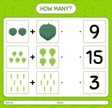 Sebzelerle kaç tane sayma oyunu var? Anaokulu çocukları için çalışma listesi, aktivite listesi, yazdırılabilir çalışma tablosu