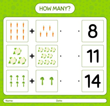 Sebzelerle kaç tane sayma oyunu var? Anaokulu çocukları için çalışma listesi, aktivite listesi, yazdırılabilir çalışma tablosu