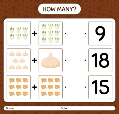 Sebzelerle kaç tane sayma oyunu var? Anaokulu çocukları için çalışma listesi, aktivite listesi, yazdırılabilir çalışma tablosu