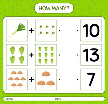 Sebzelerle kaç tane sayma oyunu var? Anaokulu çocukları için çalışma listesi, aktivite listesi, yazdırılabilir çalışma tablosu