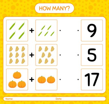 Sebzelerle kaç tane sayma oyunu var? Anaokulu çocukları için çalışma listesi, aktivite listesi, yazdırılabilir çalışma tablosu