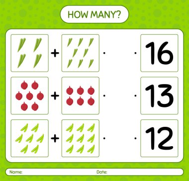 Sebzelerle kaç tane sayma oyunu var? Anaokulu çocukları için çalışma listesi, aktivite listesi, yazdırılabilir çalışma tablosu