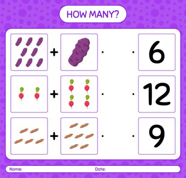 Sebzelerle kaç tane sayma oyunu var? Anaokulu çocukları için çalışma listesi, aktivite listesi, yazdırılabilir çalışma tablosu