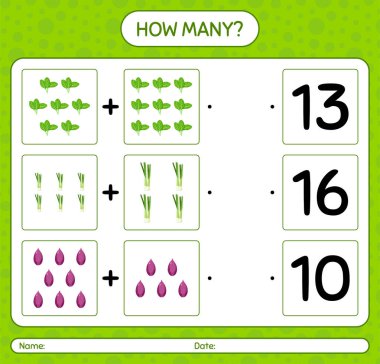 Sebzelerle kaç tane sayma oyunu var? Anaokulu çocukları için çalışma listesi, aktivite listesi, yazdırılabilir çalışma tablosu