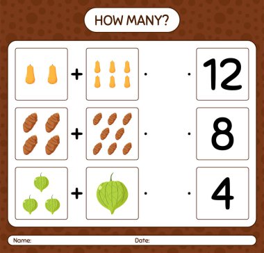 Sebzelerle kaç tane sayma oyunu var? Anaokulu çocukları için çalışma listesi, aktivite listesi, yazdırılabilir çalışma tablosu