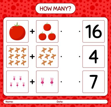 Sebzelerle kaç tane sayma oyunu var? Anaokulu çocukları için çalışma listesi, aktivite listesi, yazdırılabilir çalışma tablosu