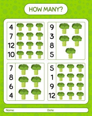 Brokoli ile kaç tane sayma oyunu. Anaokulu çocukları için çalışma listesi, aktivite listesi, yazdırılabilir çalışma tablosu
