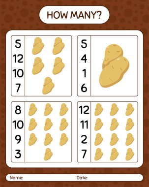 Patatesle kaç tane sayma oyunu. Anaokulu çocukları için çalışma listesi, aktivite listesi, yazdırılabilir çalışma tablosu