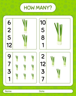 Kaç tane taze soğanlı sayma oyunu. Anaokulu çocukları için çalışma listesi, aktivite listesi, yazdırılabilir çalışma tablosu