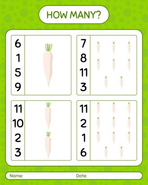 Daikon 'la kaç tane sayma oyunu var? Anaokulu çocukları için çalışma listesi, aktivite listesi, yazdırılabilir çalışma tablosu