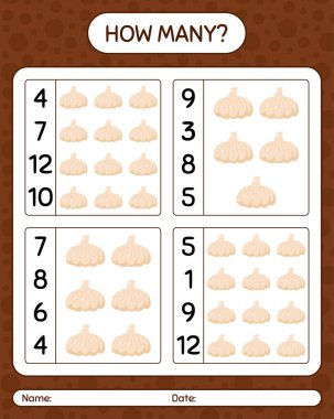 Sarımsaklı kaç tane sayma oyunu var? Anaokulu çocukları için çalışma listesi, aktivite listesi, yazdırılabilir çalışma tablosu