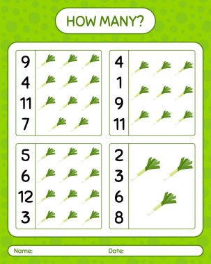 Pırasalı kaç tane sayma oyunu var? Anaokulu çocukları için çalışma listesi, aktivite listesi, yazdırılabilir çalışma tablosu