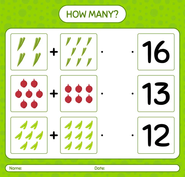 Sebzelerle kaç tane sayma oyunu var? Anaokulu çocukları için çalışma listesi, aktivite listesi, yazdırılabilir çalışma tablosu